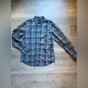 prAna Men’s Breathe Light Plaid Button Down Long Sleeves Shirt M Blue Burgundy